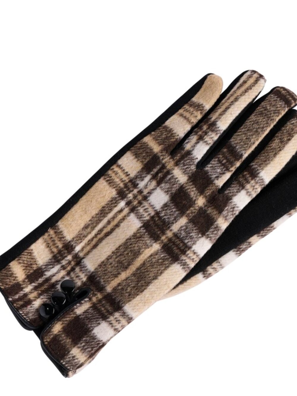 Gloves Plaid, Button Detail Black, White, Tan Touch Screen